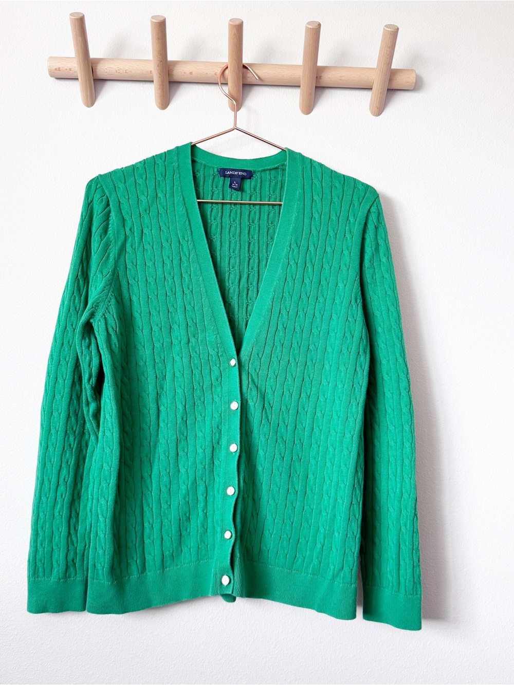 Lands' End Bright Green Cable-Knit V-Neck Cardigan